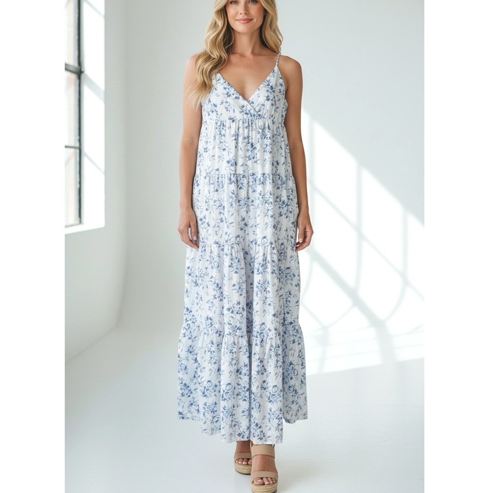 House of Harlow & Revolve Janae Blue Floral Tiered Maxi Dress Summer Boho Sz‎ S